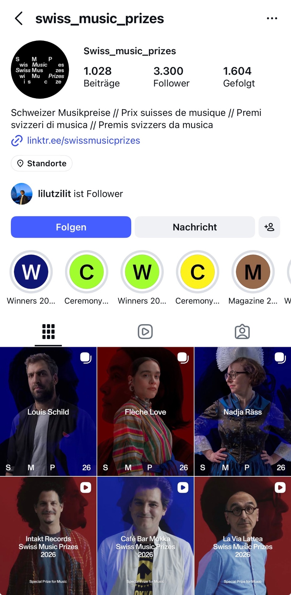 Instagram Profil der Swiss Music Prizes